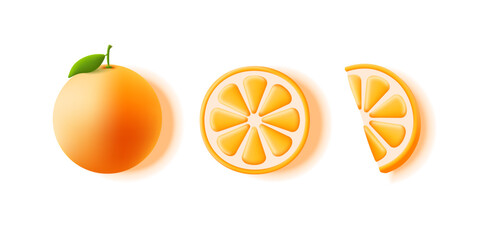 Fresh orange fruit set, 3d orange fruit isolated on white background and slices of circle and half slice