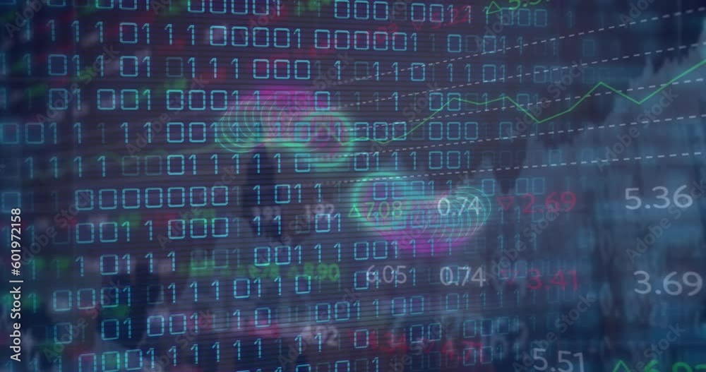 Poster animation of binary coding and stock market data processing against aerial view of cityscape