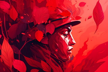 Image of man with hat and red leaves on his head. Generative AI.