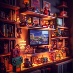 Retro game room, room for playing classic video games, 80s and 90s. Arcade machines, game consoles, nostalgic decor. Generative AI
