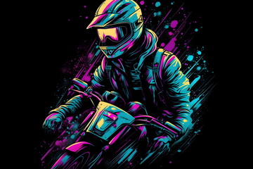 Man riding dirt bike on top of purple and blue background. Generative AI.
