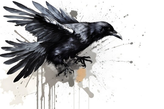 Image of black bird on white background with paint splatters. Generative AI.