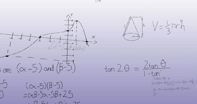 Animation of mathematical equations and formulas floating against grey gradient background
