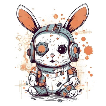Drawing of rabbit wearing headphones and wearing pair of headphones. Generative AI.