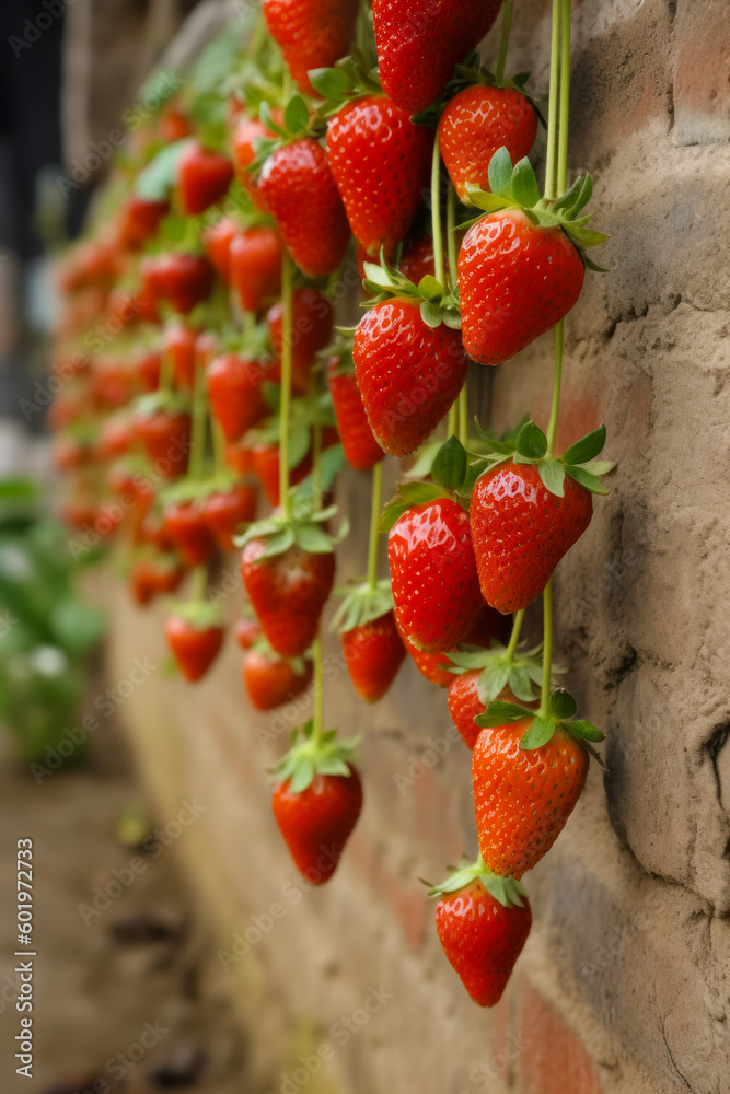 Poster bunch of strawberries are growing on brick wall and are ready to be picked. generative ai.