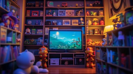 Retro game room, room for playing classic video games, 80s and 90s. Arcade machines, game consoles, nostalgic decor. Generative AI