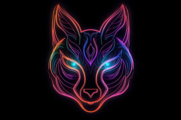 Neon colored fox's head with glowing eyes on black background. Generative AI.