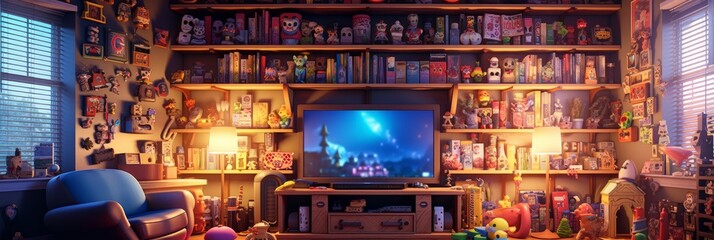 Retro game room, room for playing classic video games, 80s and 90s. Arcade machines, game consoles, nostalgic decor. Generative AI