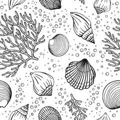Seamless pattern with seashells, corals. Marine background. Vector illustration in sketch style.