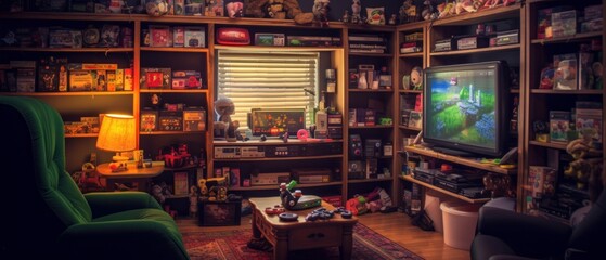 Retro game room, room for playing classic video games, 80s and 90s. Arcade machines, game consoles, nostalgic decor. Generative AI