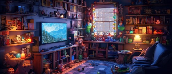 Retro game room, room for playing classic video games, 80s and 90s. Arcade machines, game consoles, nostalgic decor. Generative AI