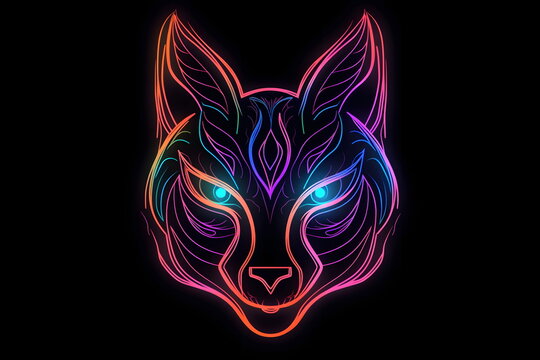 Neon colored fox's head with glowing eyes on black background. Generative AI.