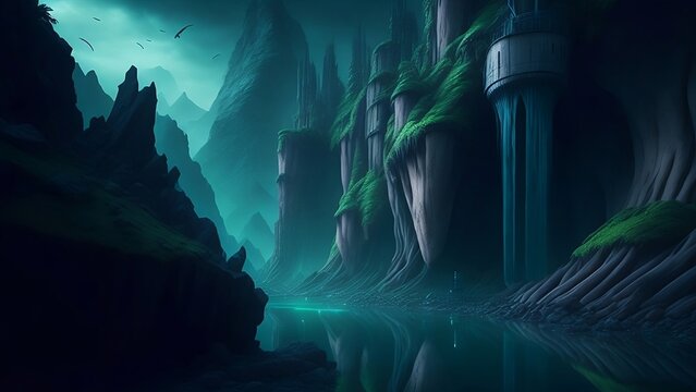 Cave in the night on the alien planet (Created with Generative AI technology)