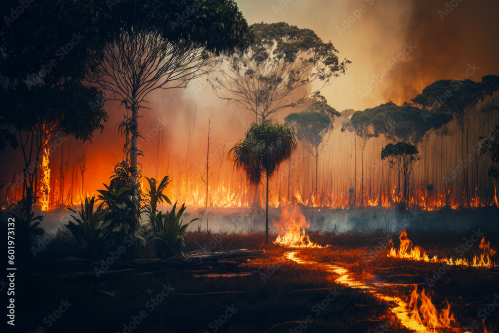 Poster fire burning in the middle of forest filled with lots of trees. generative ai.