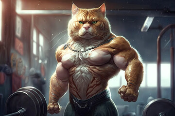 muscular cat athlete bodybuilder trains in gym. Generative AI illustration