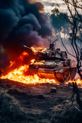 Tank is on fire in the middle of field with trees in the background. Generative AI.