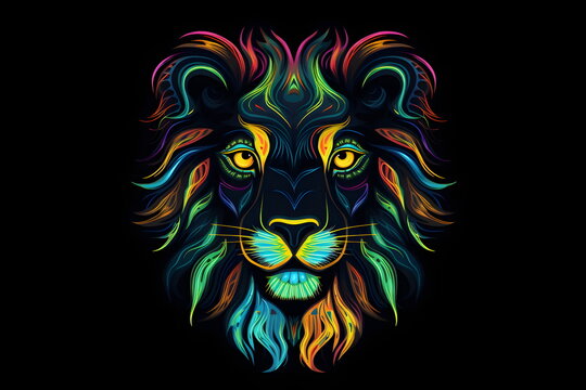 Colorful lion's face on black background with the colors of the rainbow. Generative AI.