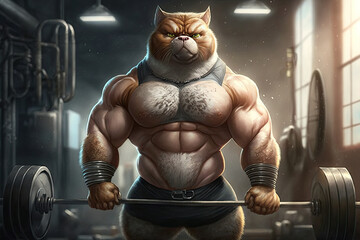muscular cat athlete bodybuilder trains with barbell in gym. Generative AI illustration