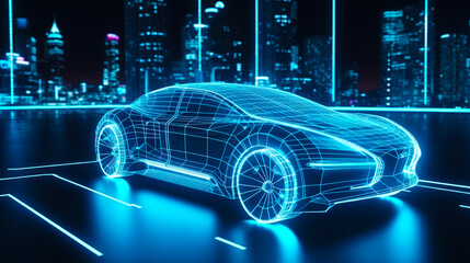 Futuristic car is shown in front of cityscape at night. Generative AI.