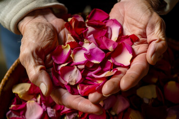 Person holding out their hands with petals in their hands and pile of petals in their hands. Generative AI.
