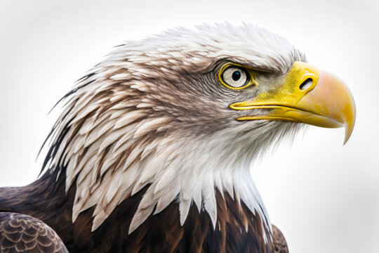 Close up of bald eagle's head with white background. Generative AI.
