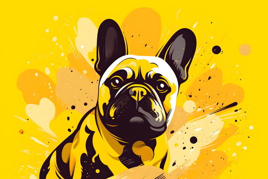 Black and yellow dog with white collar on yellow and black background. Generative AI.