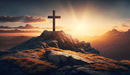 religious christian cross crucifixion on top of mountain at sunset with sun rays. Generative AI illustration