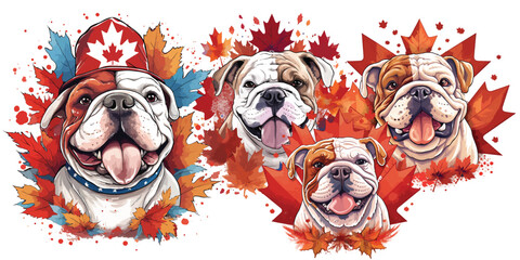 A joyful bulldog wearing a Canadian flag bandana in canada day.Illustration of T-shirt design graphic.	