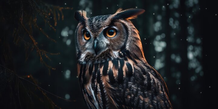 The owl surrounded by forest at night. distinct generative AI image.