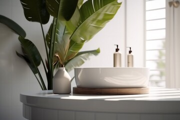 Naklejka na ściany i meble green interior clean design tropical leaf white spa home bathroom sink. Generative AI.