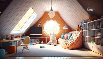 nice room in the attic, soft colors, cozy and modern style