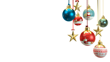 Christmas and New Year background. Xmas pine fir lush tree. Candy cane from cookies, Glass Balls hanging on the ribbon.