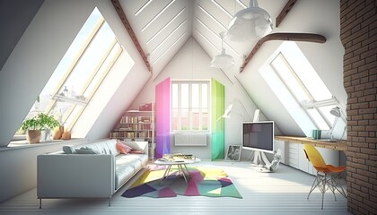 Fototapeta na wymiar nice room in the attic, soft colors, modern style