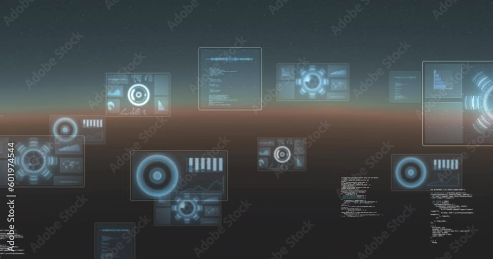 Poster animation of round scanners and data processing against grey gradient background