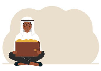 A man sits cross-legged and holds a large purse of coins. The concept of a savings wallet, a successful loan, golden earnings with metal money in the currency.