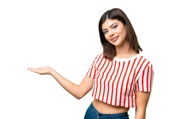 Young Russian woman over isolated chroma key background extending hands to the side for inviting to come