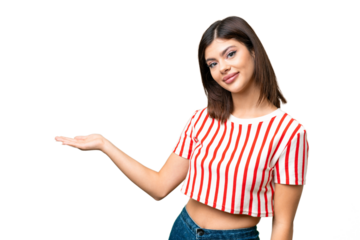 Young Russian woman over isolated chroma key background extending hands to the side for inviting to come