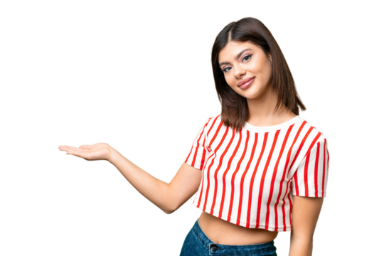Young Russian woman over isolated chroma key background extending hands to the side for inviting to come