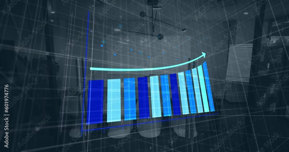 Poster animation of statistical data processing against empty meeting room at office