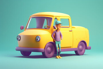 A 3D character delivering packages in a yellow car. Perfect transportation illustration for your design projects. Ai generative.