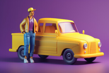 A 3D yellow car character delivering packages with a men driver Ai generative.