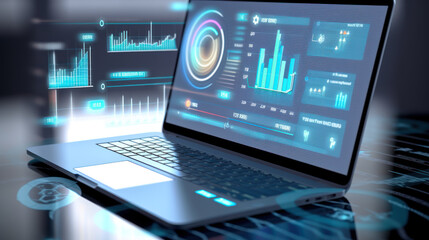 Check out this business data dashboard on a laptop, analyzing financial and investment data for successful growth. Ai generative.