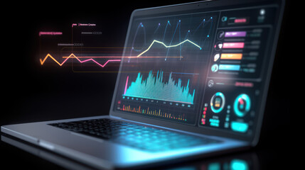 A close-up shot of a blue laptop displaying a business data dashboard, showing progress and analyzing financial and investment data. Ai generative.