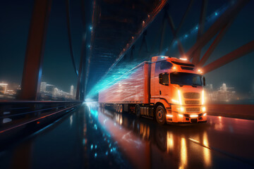 A fast-moving truck delivering cargo against a neon-lit urban landscape. Ai generative.