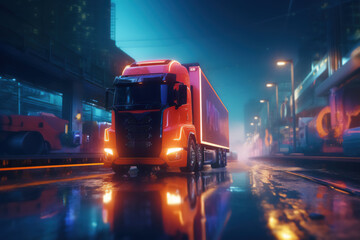 Truck and cargo delivery in neon lights blurred motion depicts speed and efficient transport of goods. Ai generative.