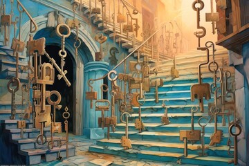 abstract background with an image of an old staircase going into the sky or a parallel world and mysterious vintage keys hovering in the air.mysteries and riddles. Generative AI