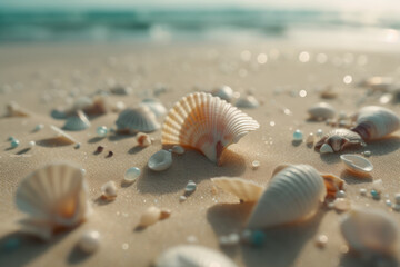 Fototapeta na wymiar Many pearly seashells and natural pearls scattered on a sandy beach under the bright blue sky. Ai generative.