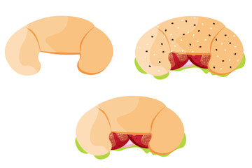 Croissant isolated on transparent background. Bagel with tomatoes, salad and ham slice. Vector illustration.