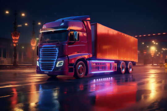 Truck and cargo in motion make a neon-lit delivery Ai generative.