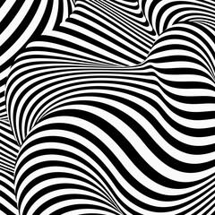 Abstract pattern with black and white wavy lines. Optical illusion. Modern design, graphic texture.